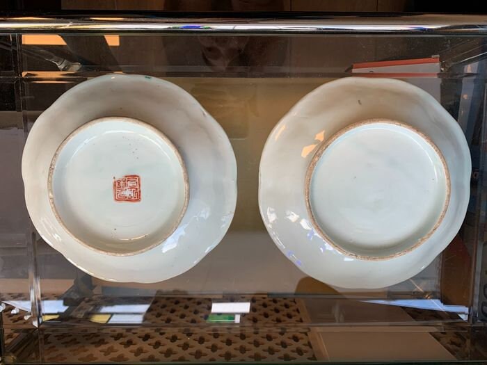 Antique Chinese Republic Pottery Dish Set, Wise Man with Peach & Crane