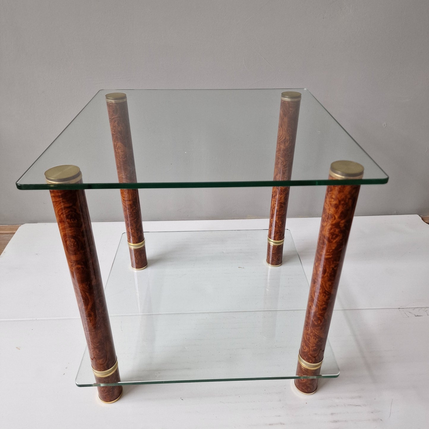 Italian Hollywood Regency Brass Side Table, Faux Tortoiseshell, Glass Top