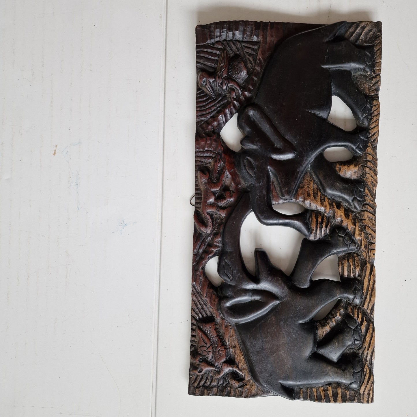 African Hand Carved Elephant Wood Panel, Vintage Wall Art (50x25x2 cm)