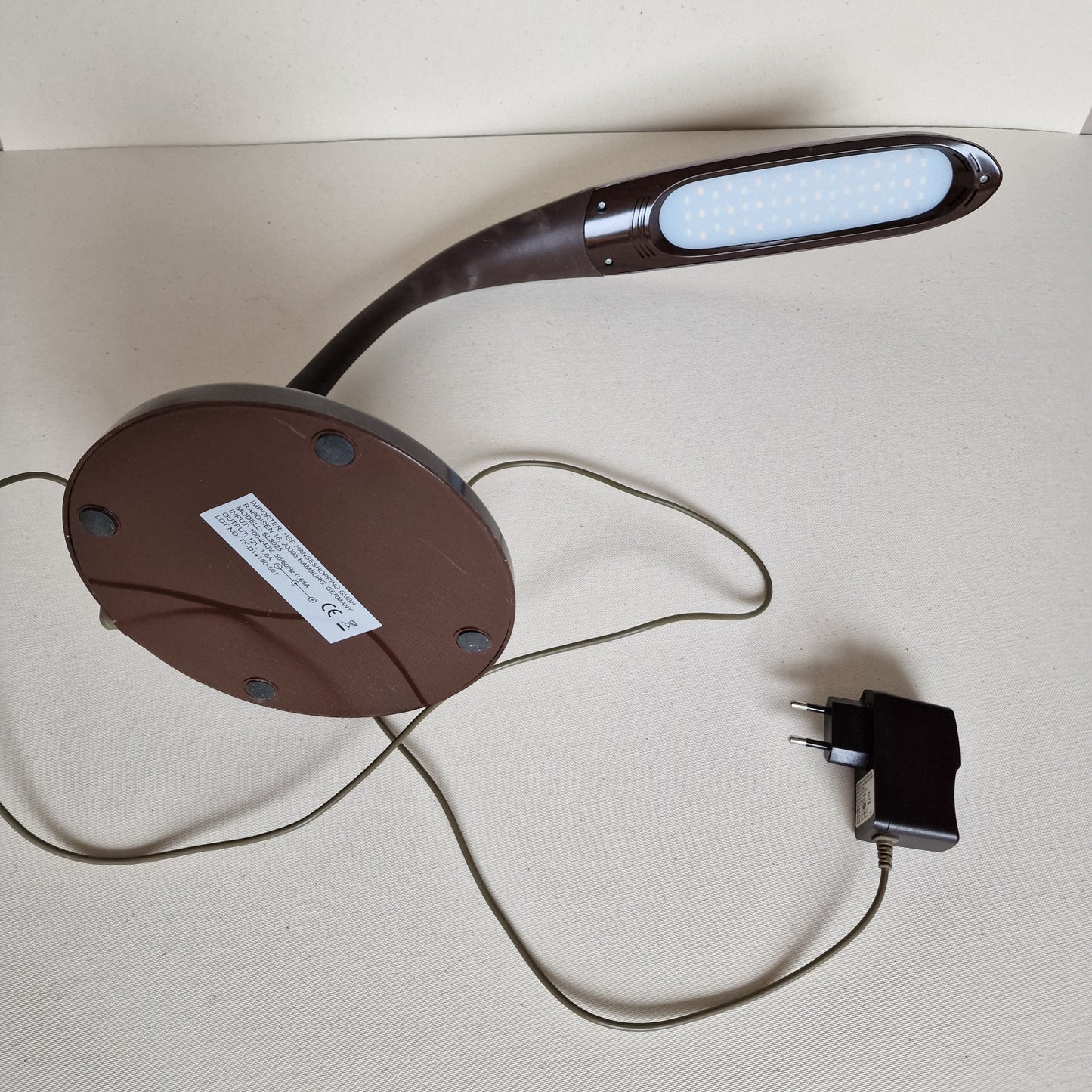 fraaie vintage design lamp seventies flexibele bruine bureaulamp plastic met hout structuur optiek
