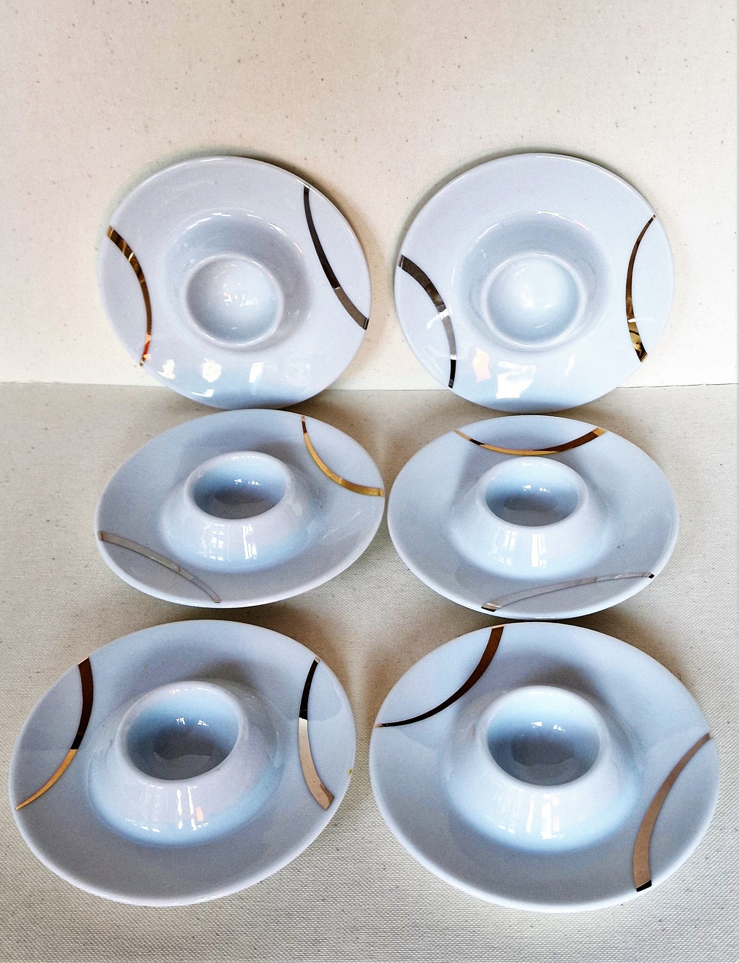 Vintage Ernest Shuman Porcelain Egg Cups, Silver & Gold Line, Set of 6