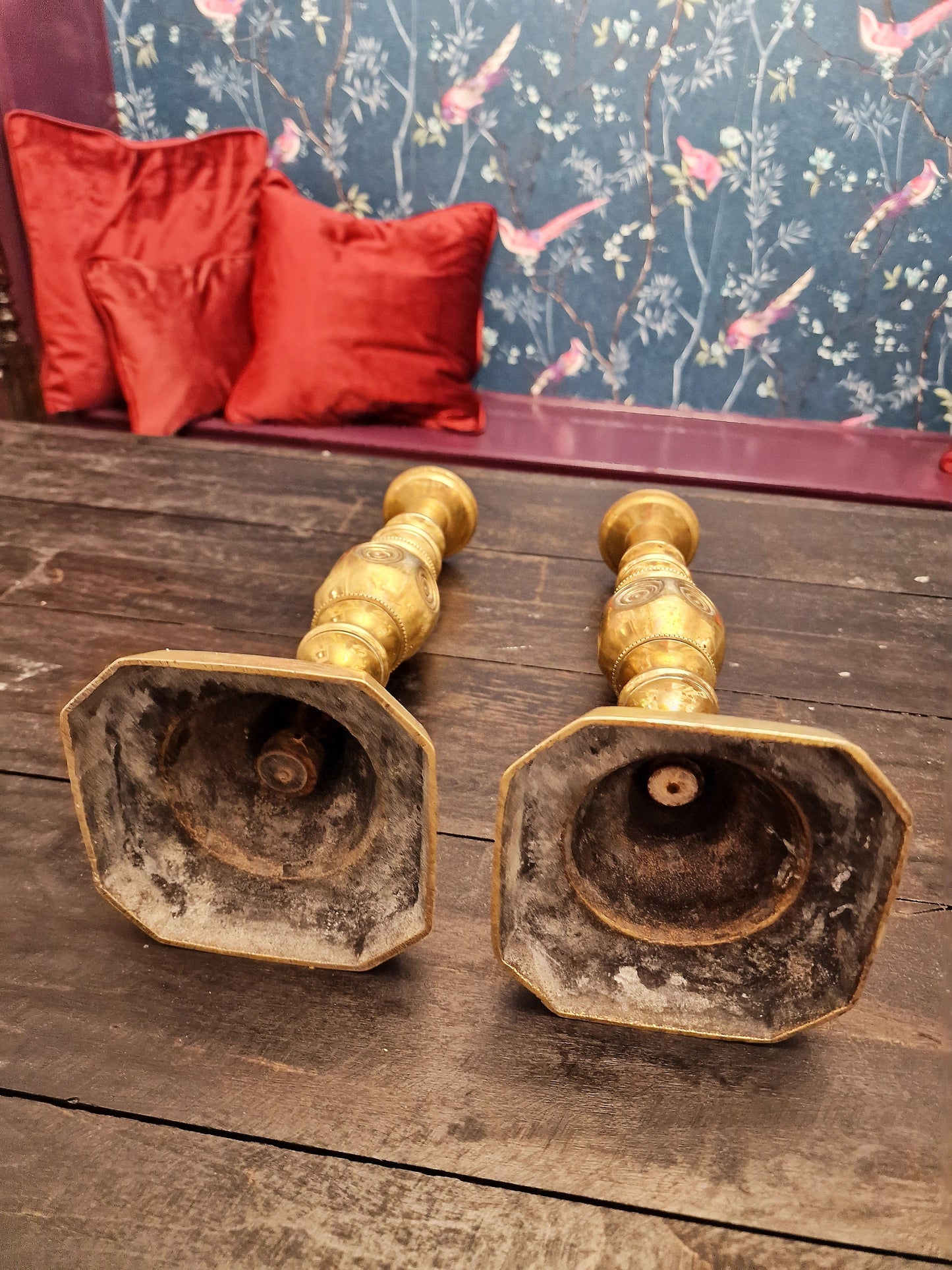 Antique Brass Candlestick Pair, Arts & Crafts, Queen Victoria Jubilee