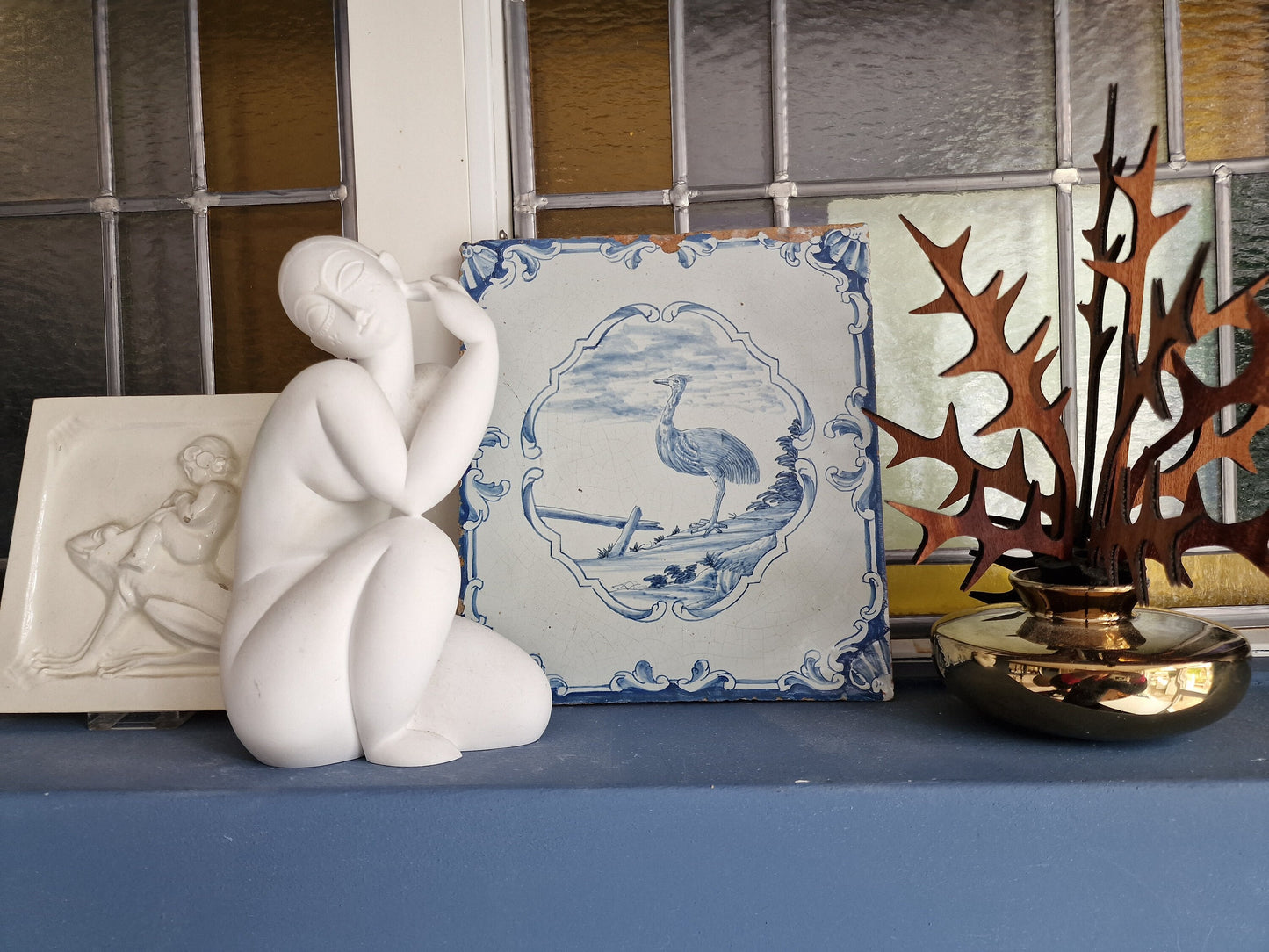 Antique Delft Blue Fireplace Tile, Ostrich Plaque, 1750s German Tile