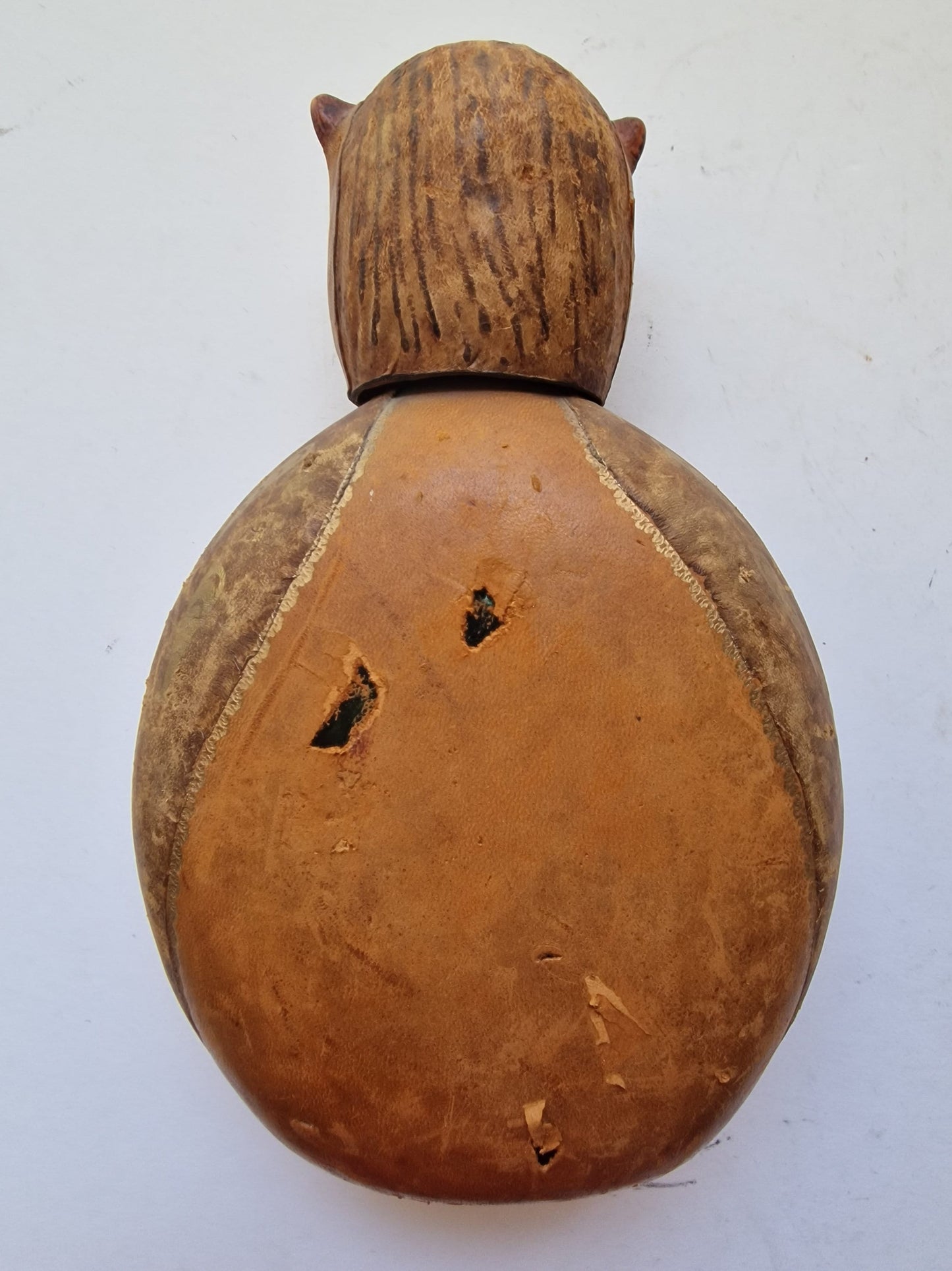 Mid-Century Italian Leather Owl Decanter - Gold Accents, Rhinestone Eyes
