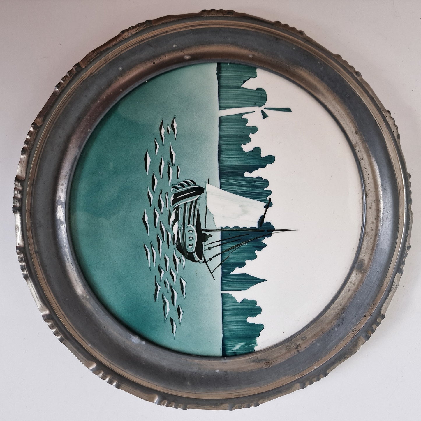 Tegel dienblad, Art Nouveau, Nederland, met porseleinen blad en tinnen rand,