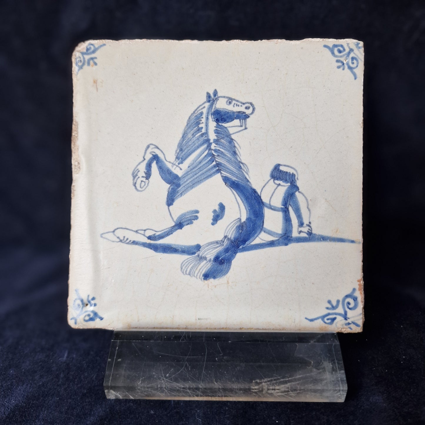 Antique Delft Tile, 17th Century Dutch Horse, Oxhead Motif