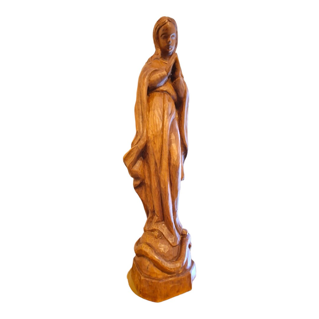 Limburgs kloosterhouten sculptuur 44 cm grote Art Deco houtsnijwerk Madonna, maria holland