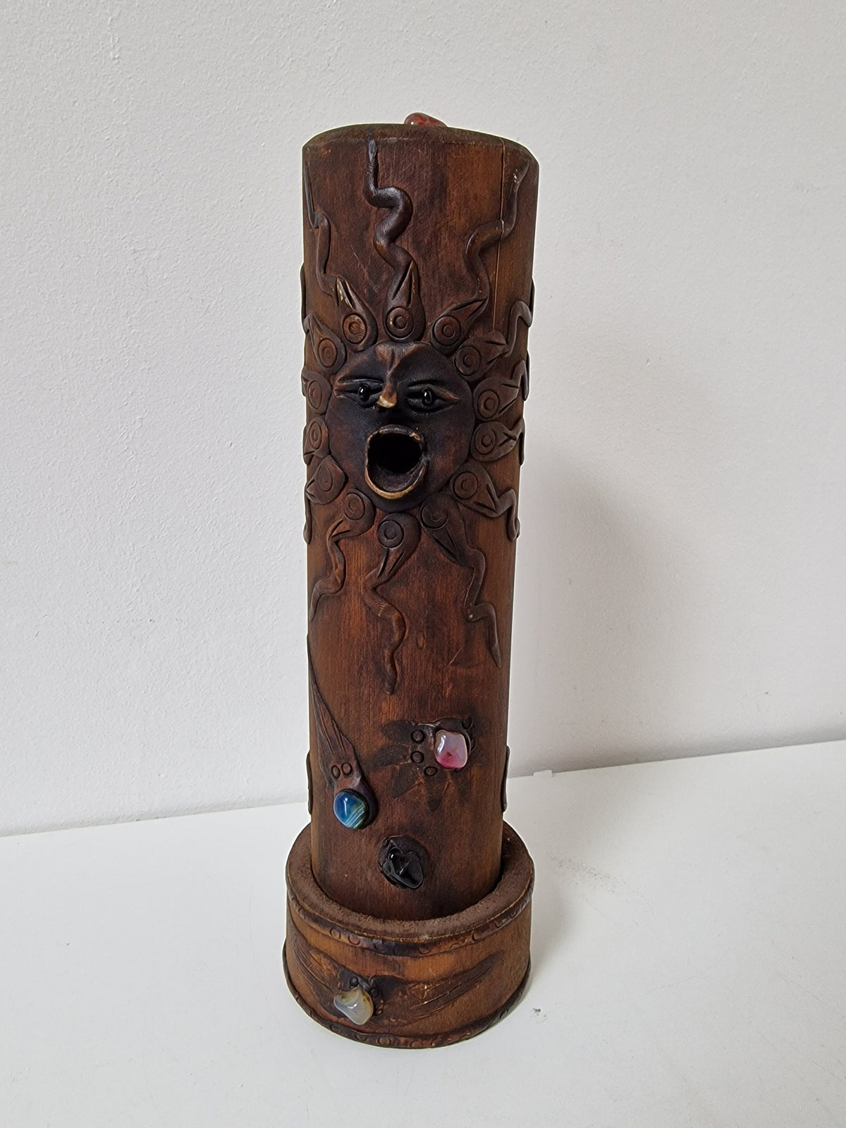 Vintage Wood Censer with Gems, Creole Tribal Sun Design