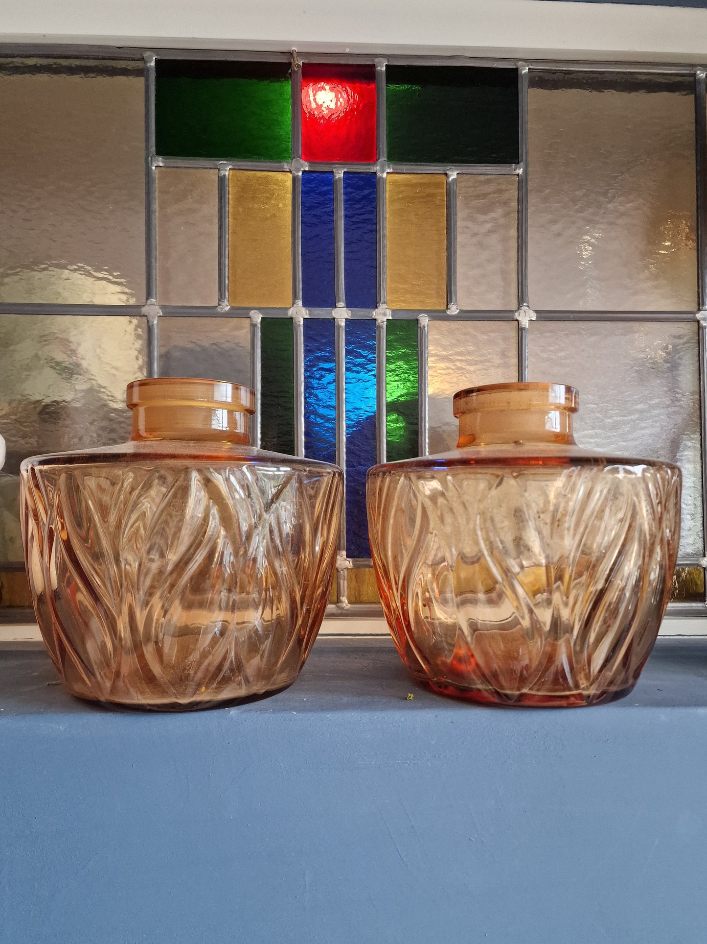 Signed large Faberge Crystal Vases, Amber Rosegold, XL, Pair authentic Fabergé