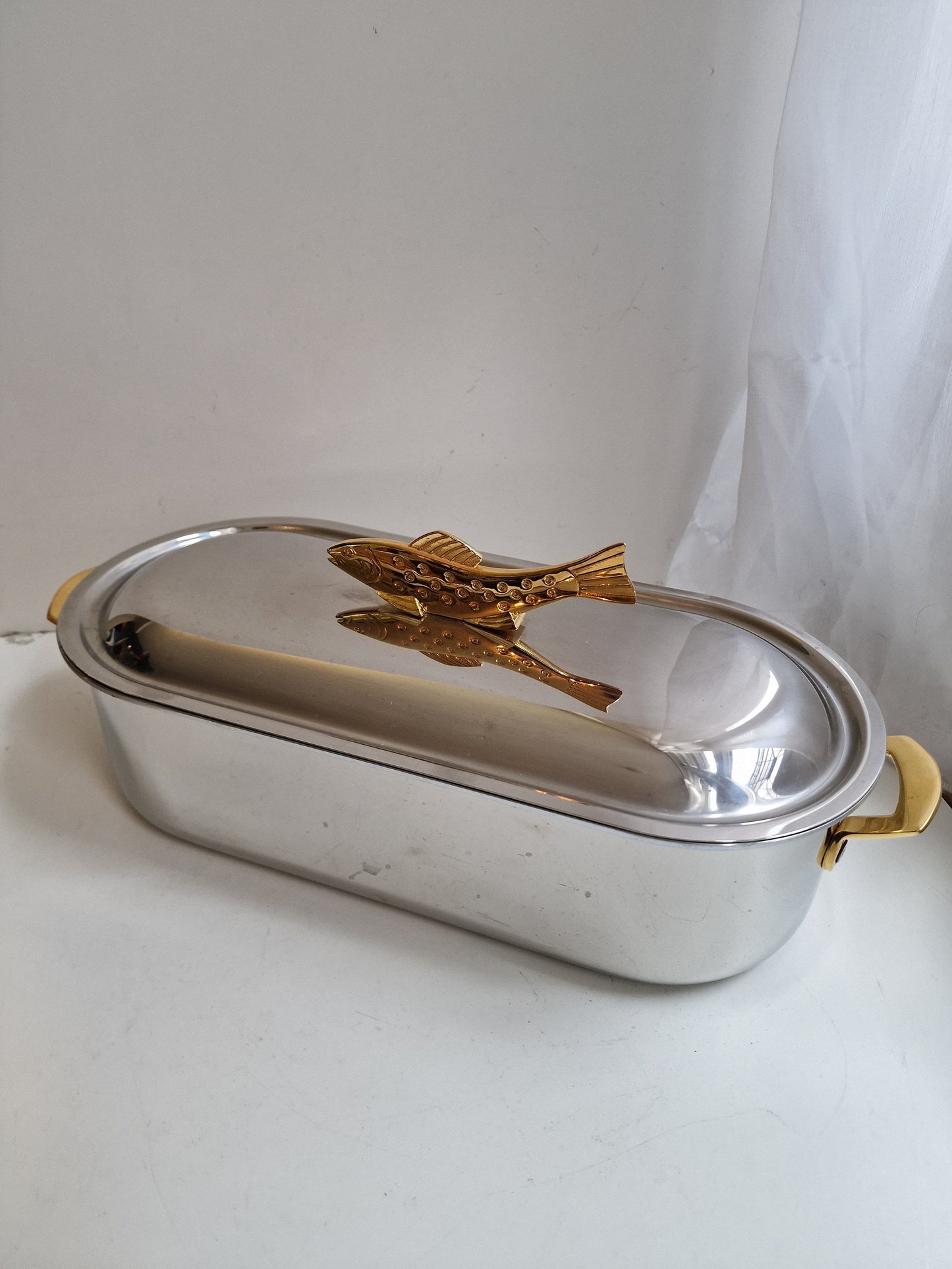 forel swiss trout pan cooking serving xl chrome brass marked switserland