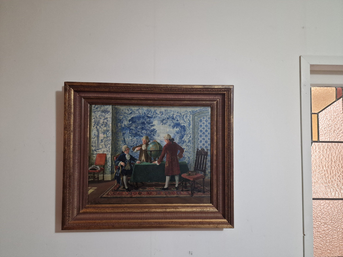 Carl Plinke Oil Painting – 18th Century Interior Scene, Men Around Globe