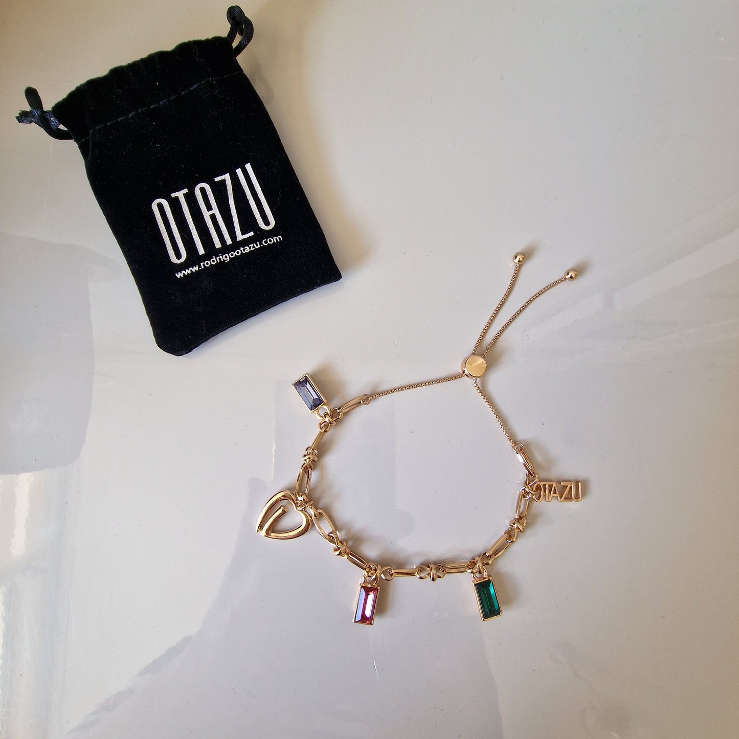 OTAZU Gold Plated Charm Bracelet, Gem Crystals, Adjustable Size
