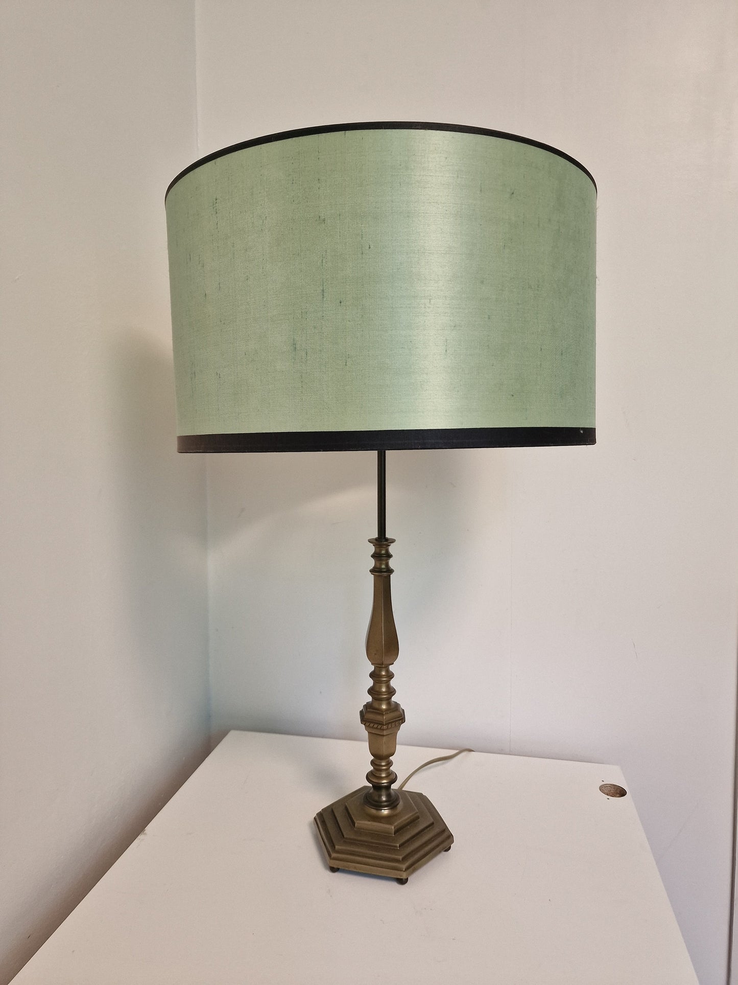 Antique Brass Bouillotte Table Lamp, Pistachio Silk Shade