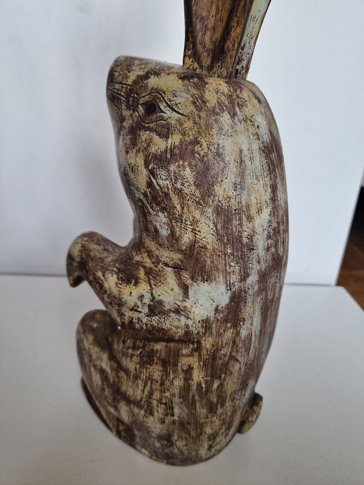 XL Handcarved Wood Hare Figurine, Removable Ears, Funny Animal Statue (46 cm)