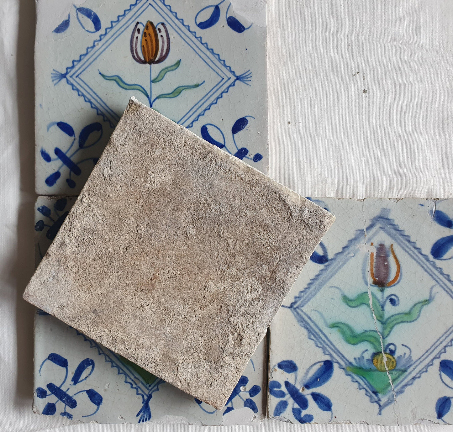 4 Antique Delft Tulip Tiles, Polychrome Diamond Square, c. 1640