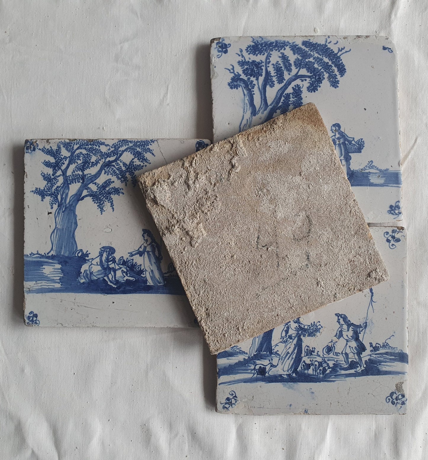 Antique Dutch Delft Tiles, Pastoral Scene, circa 1680 AD, Set of 4