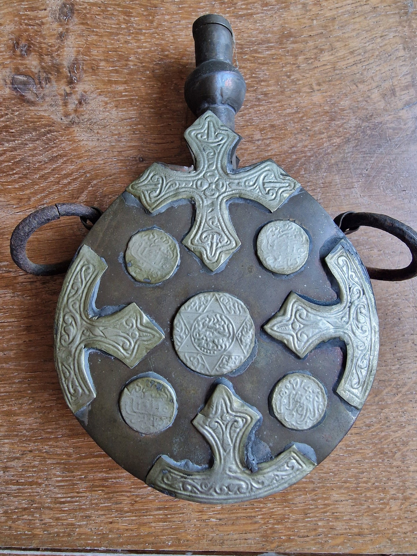Antique engraved Silver Tone and Bronze Gunpowder Flask- 20th century, islamic