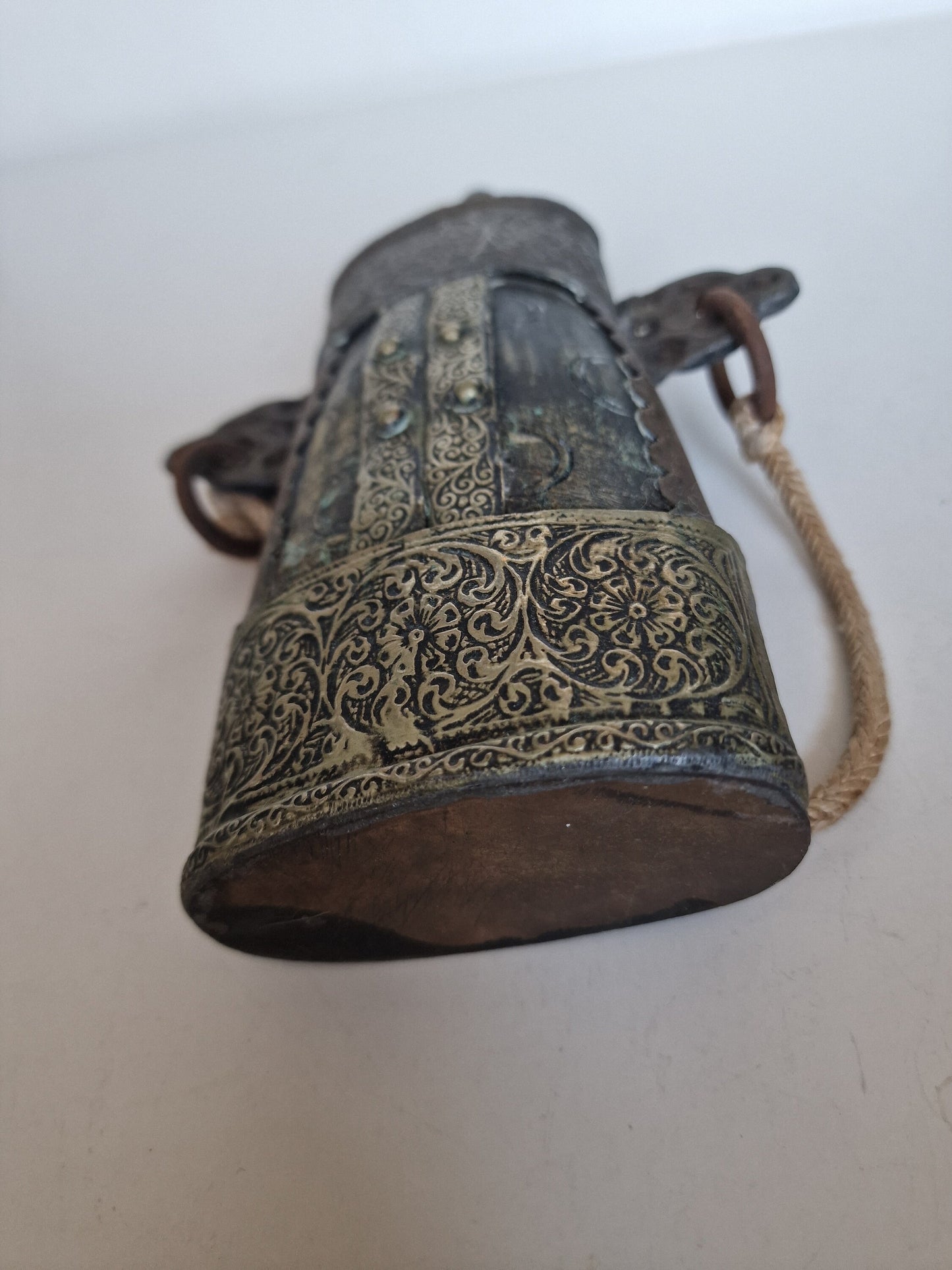 Antique Engraved Brass Gunpowder Flask – 19th Century Islamic Decor