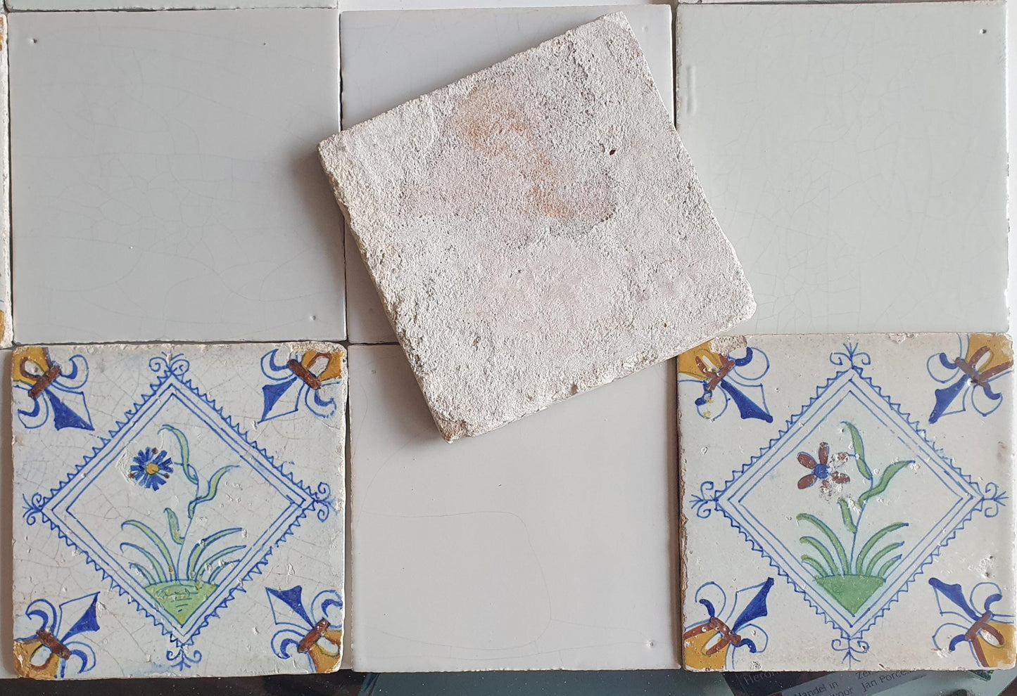 17th Century Delft Tiles: Dutch White & Polychrome Flower, Set of 16