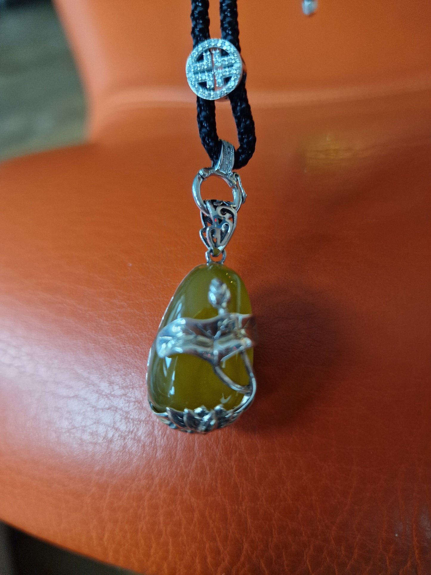 Yellow Jade Koi Waterlily Pendant Necklace, Vintage Adjustable Rope