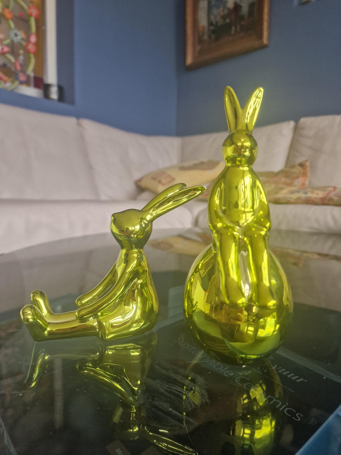 Metallic Green Bunny Figurines, Easter Decoration Set