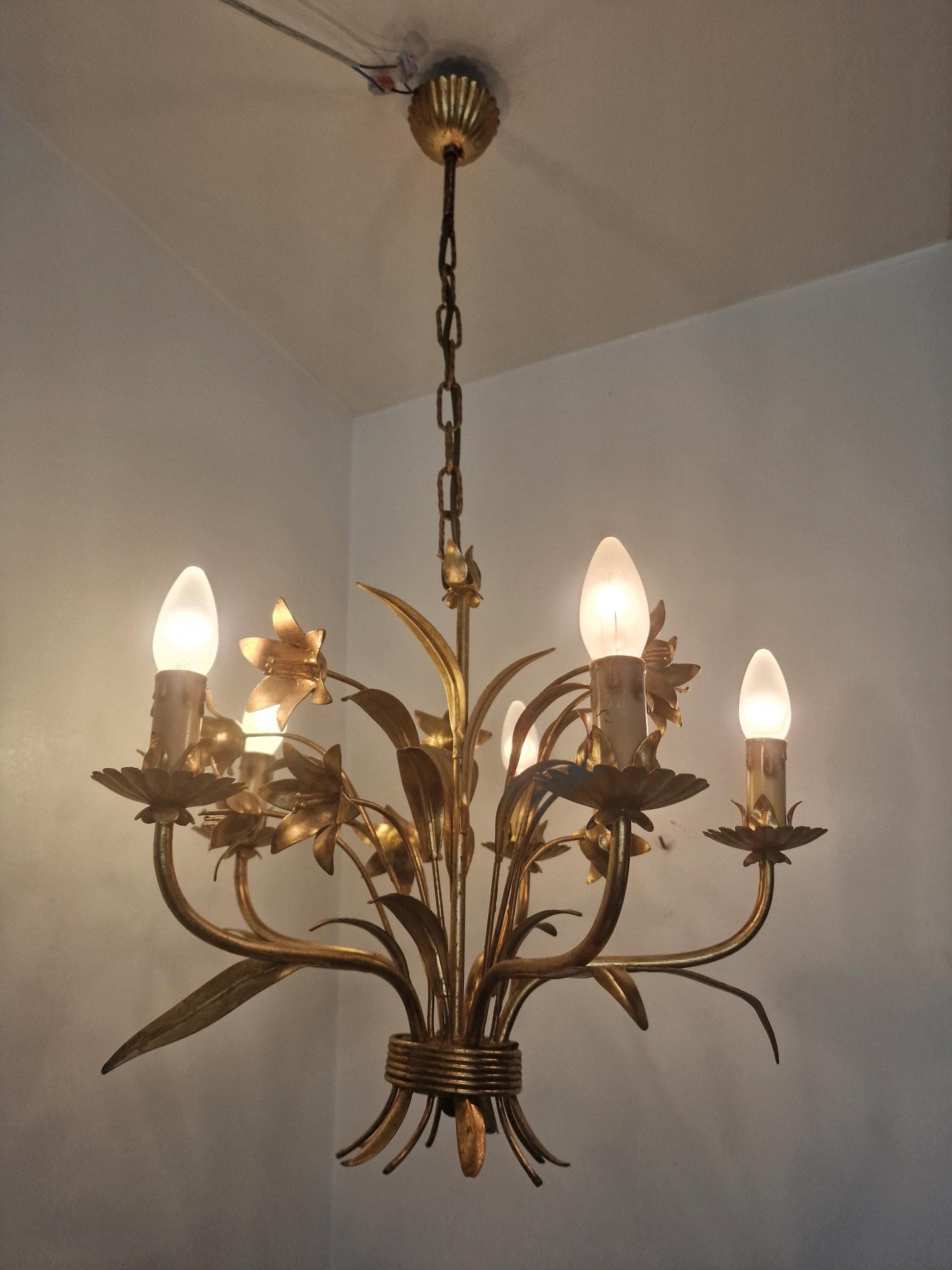 Gilt Floral Chandelier, 5-Light French Ceiling Lamp