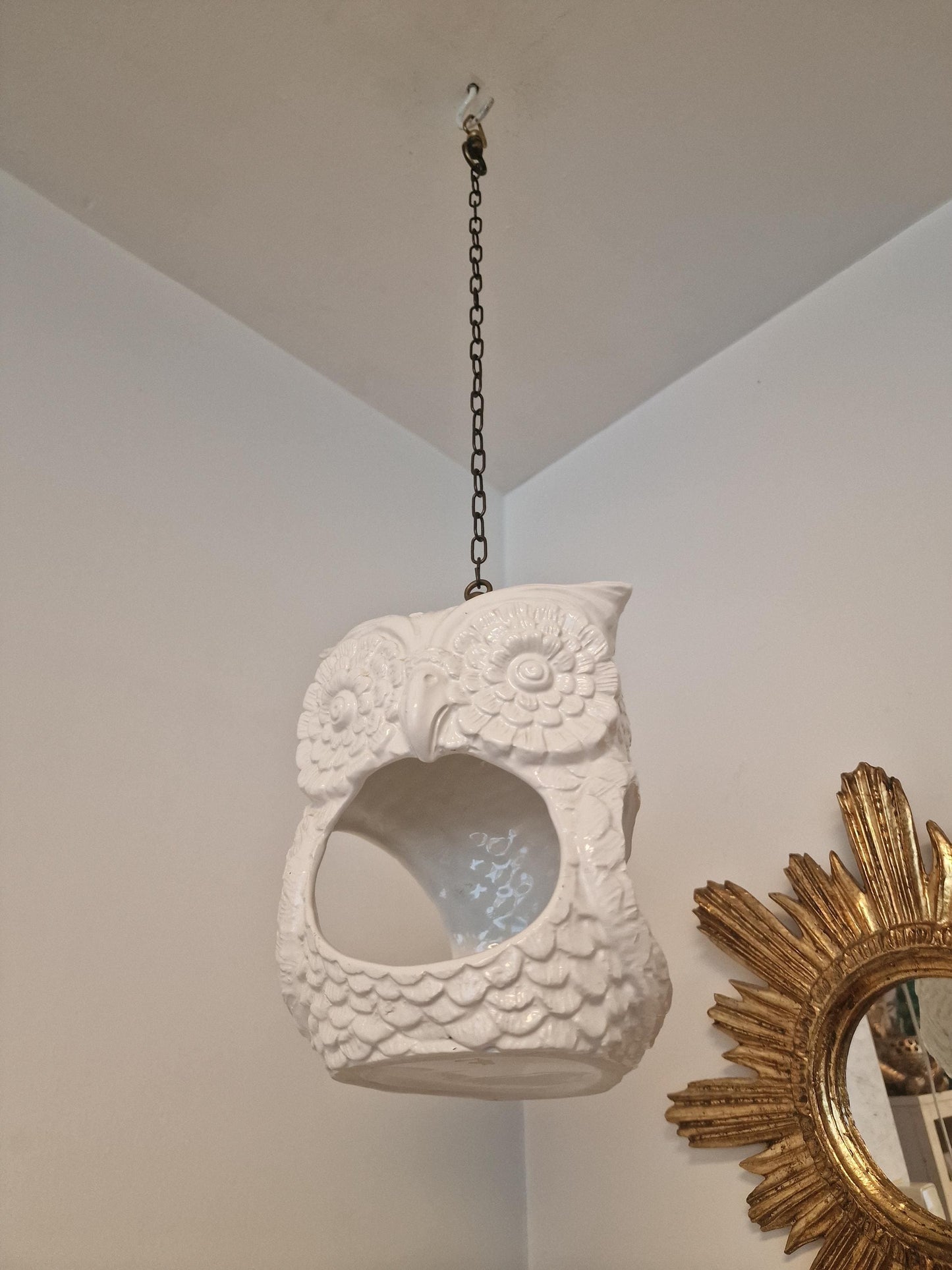 Vintage Ceramic Owl Planter, Nordic Lantern, Copper Chain Hanger