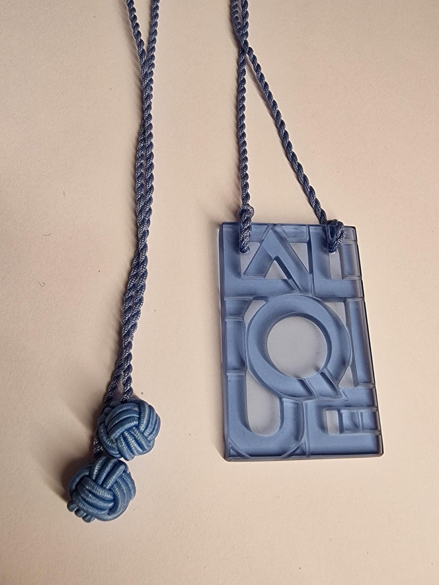 Lalique Crystal Necklace, Blue Art Deco Pendant, Silk Rope, France