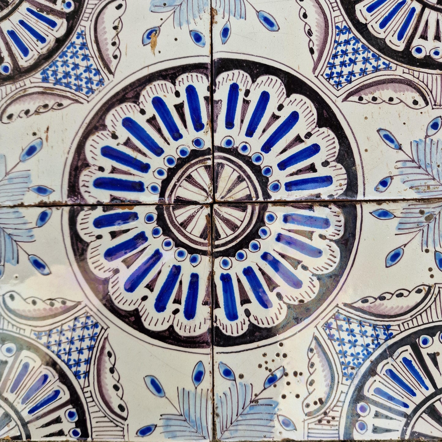 Antique Dutch Delft Tiles, 1850 Ornamental Rozet, Blue Manganese, Set of 8