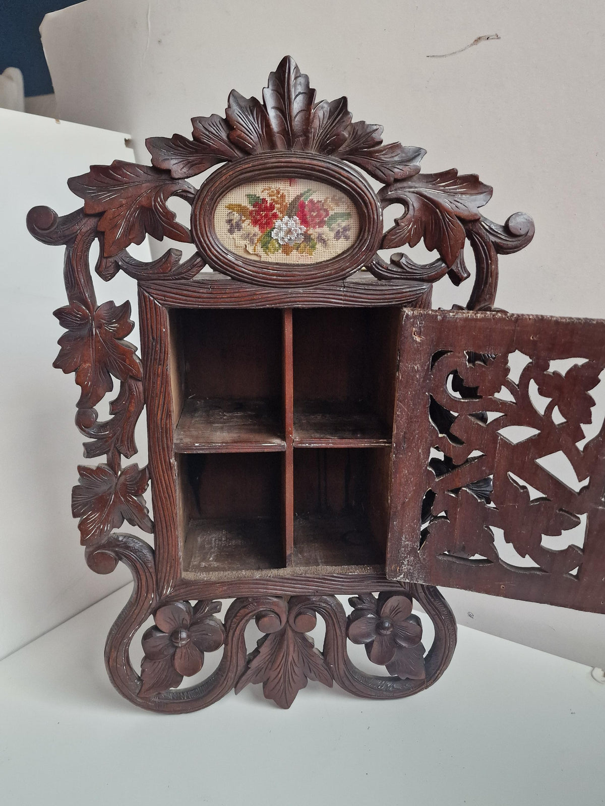 Antique Black Forest Wall Cabinet, Hand-Carved Key Holder