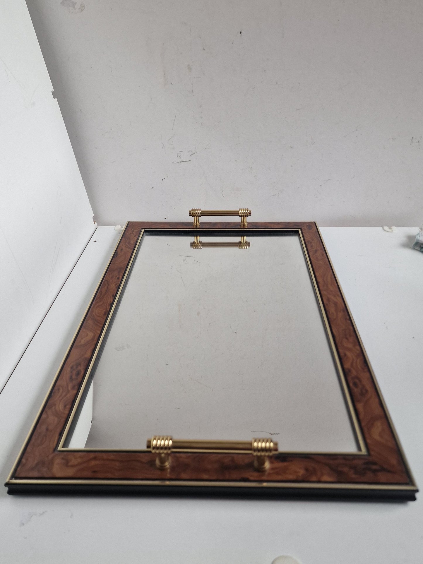 Hollywood Regency Italian Serving Tray, Lacquered Wood & Brass, XL 49cm