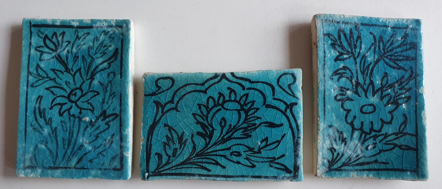 3 tiles thick handmade handpainted vintage midcentury collector tiles, blue eastern oosterse oosters iznik ?