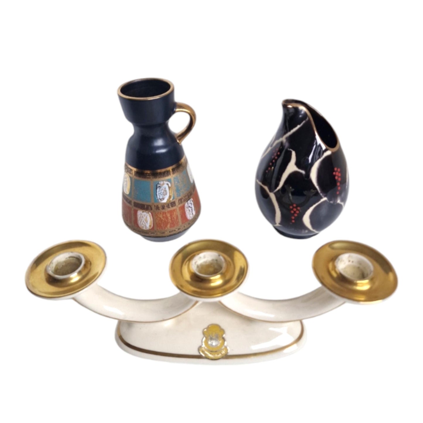 Mid-Century German Porcelain Vase & Candelabra Set, Plateel Handpainted