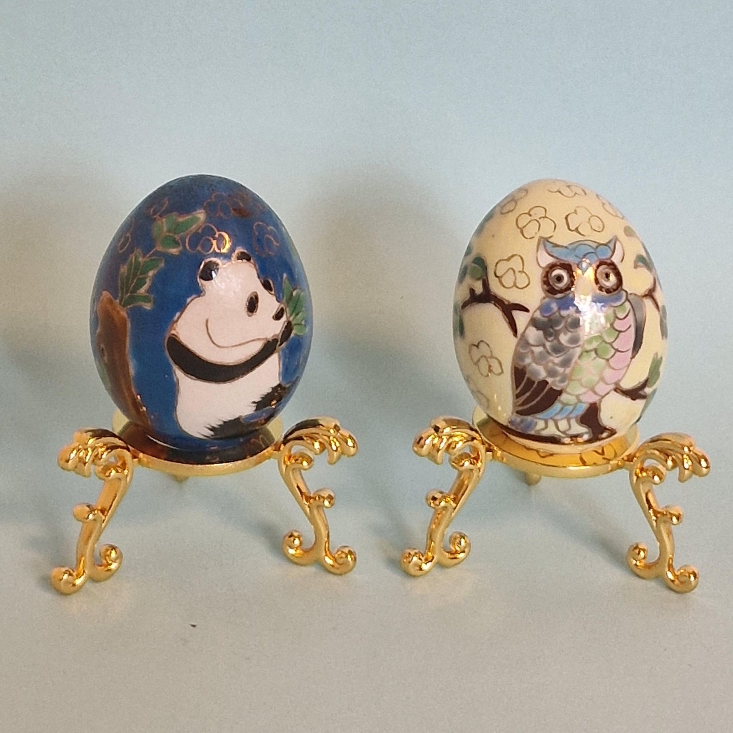 Vintage Cloisonne Panda and Owl Eggs – Enamel Porcelain, Goldwire Stands, China ca. 1960