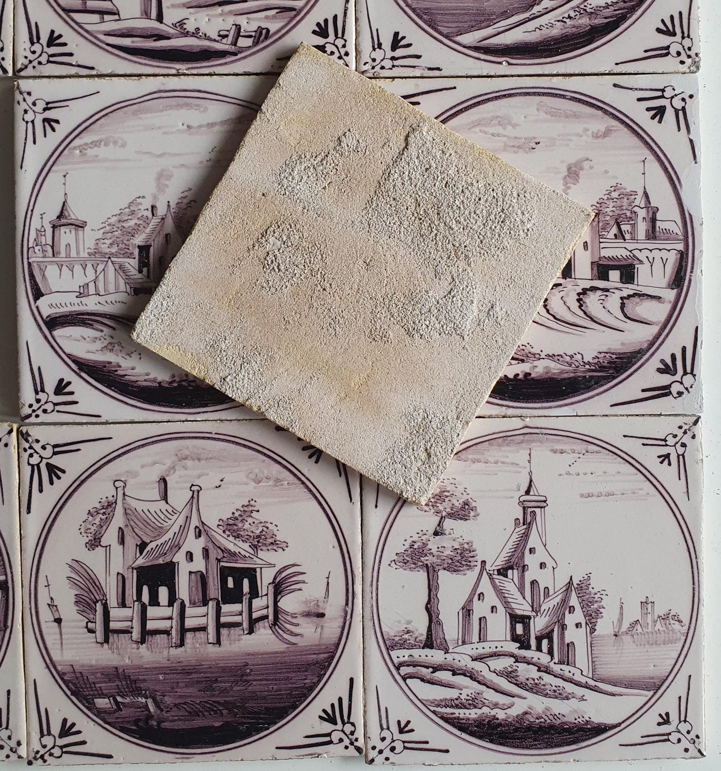 9 x Around 1850 century Antique Dutch Tiles - manganese landscape tegels