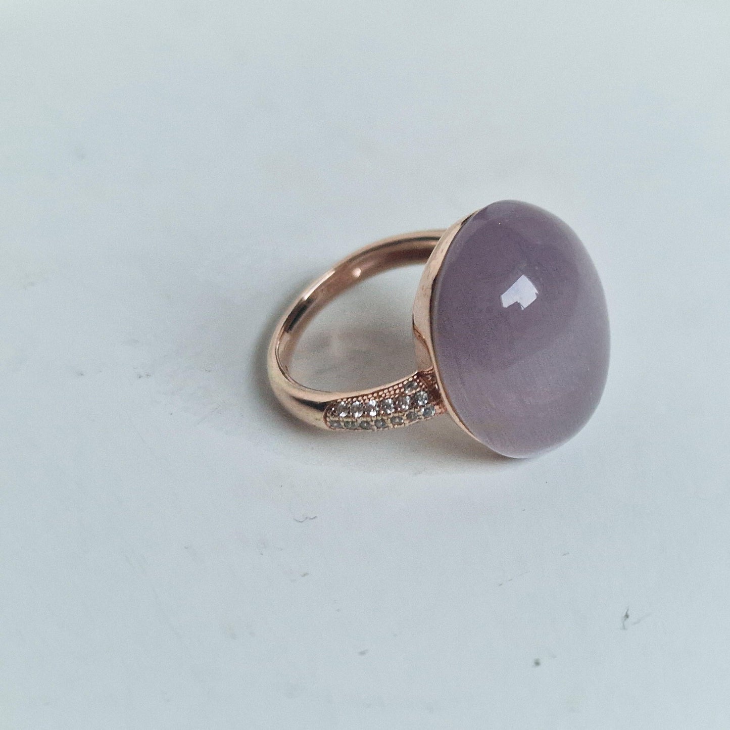 Tatiana Fabergé Egg Ring, 22KT Rose Gold Gilded Sterling Silver, Gray Lila Cabochon faberge