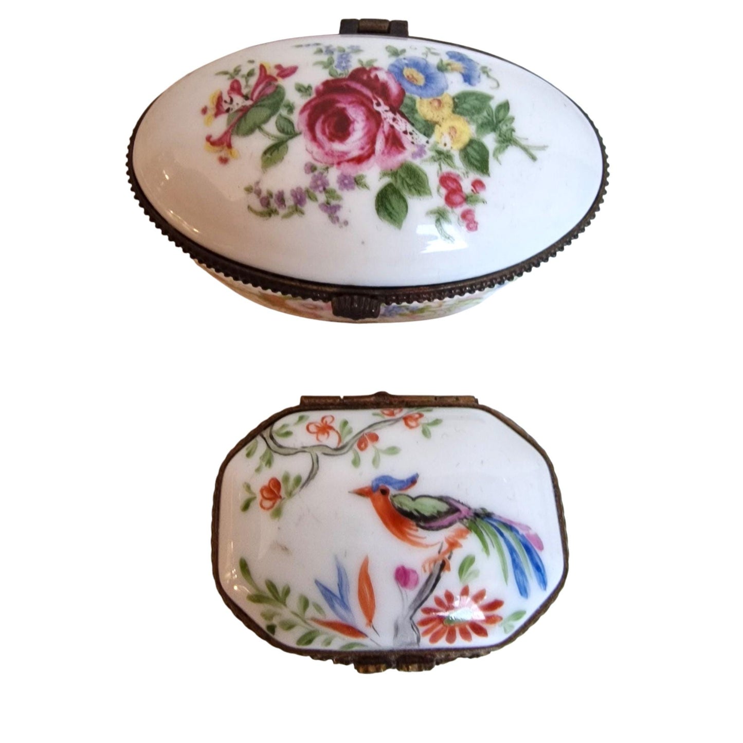 Limoges Porcelain Trinket Box, Handpainted Bird and Flowers, Lacroix Painter