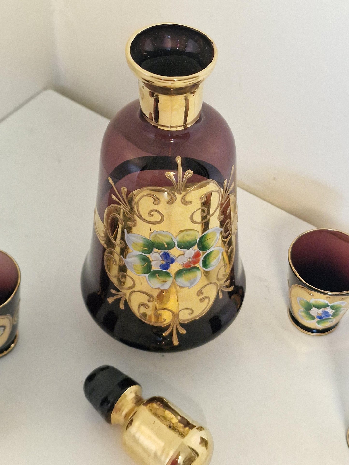Murano Venetian Decanter & Glasses Set, 24K Gold Hand-Painted Liquor Carafe, Mid-Century Italy