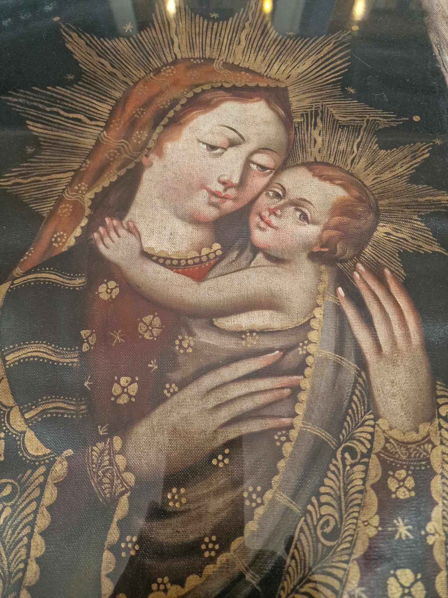 Madonna and Child Textile Painting, 18th Century Devotional Art