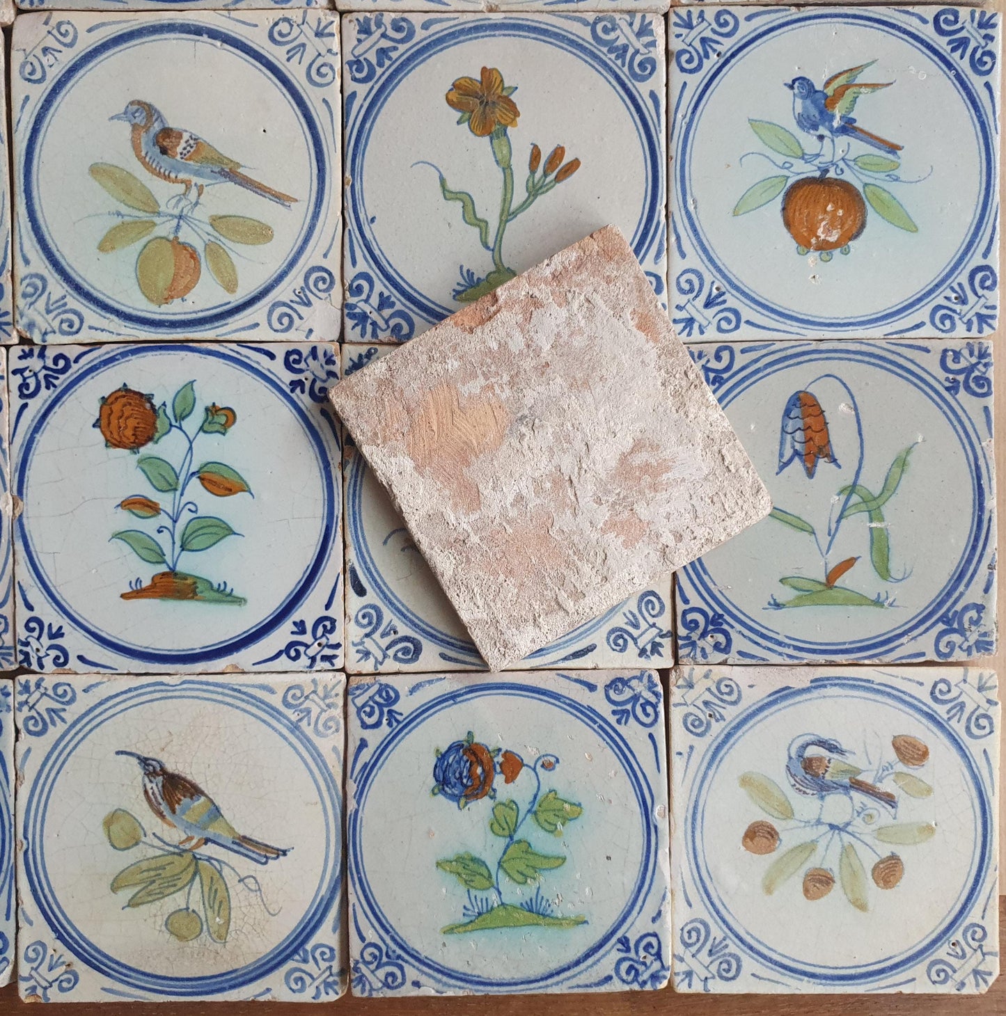 Antique Dutch Delft Tiles (16x) Polychrome Flowers & Birds, 17th- around 1625