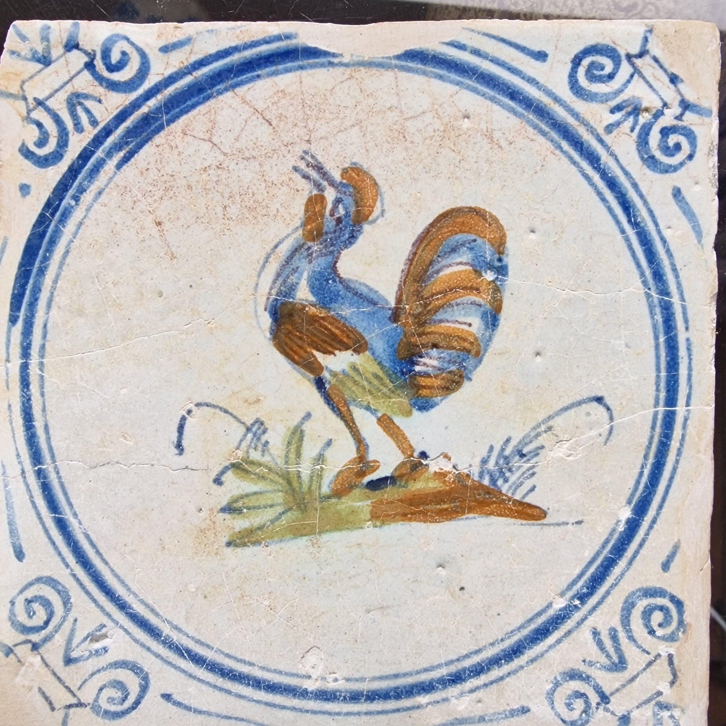 Antique Dutch Tile - polychrome with rooster - Dated around 1625, delft holland golden century