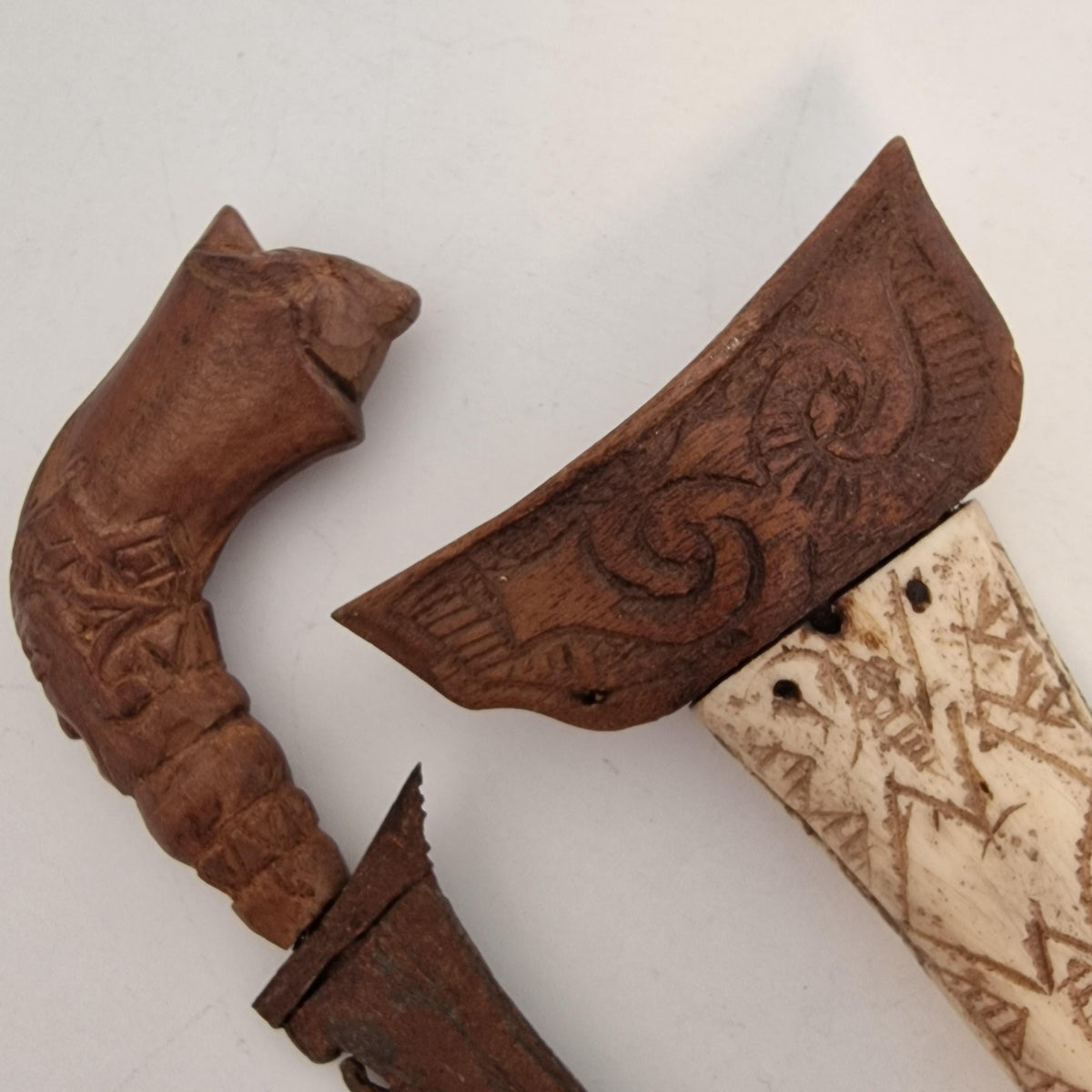 Antique Indonesian Keris Dagger, Carved Bone Handle, Wavy Blade