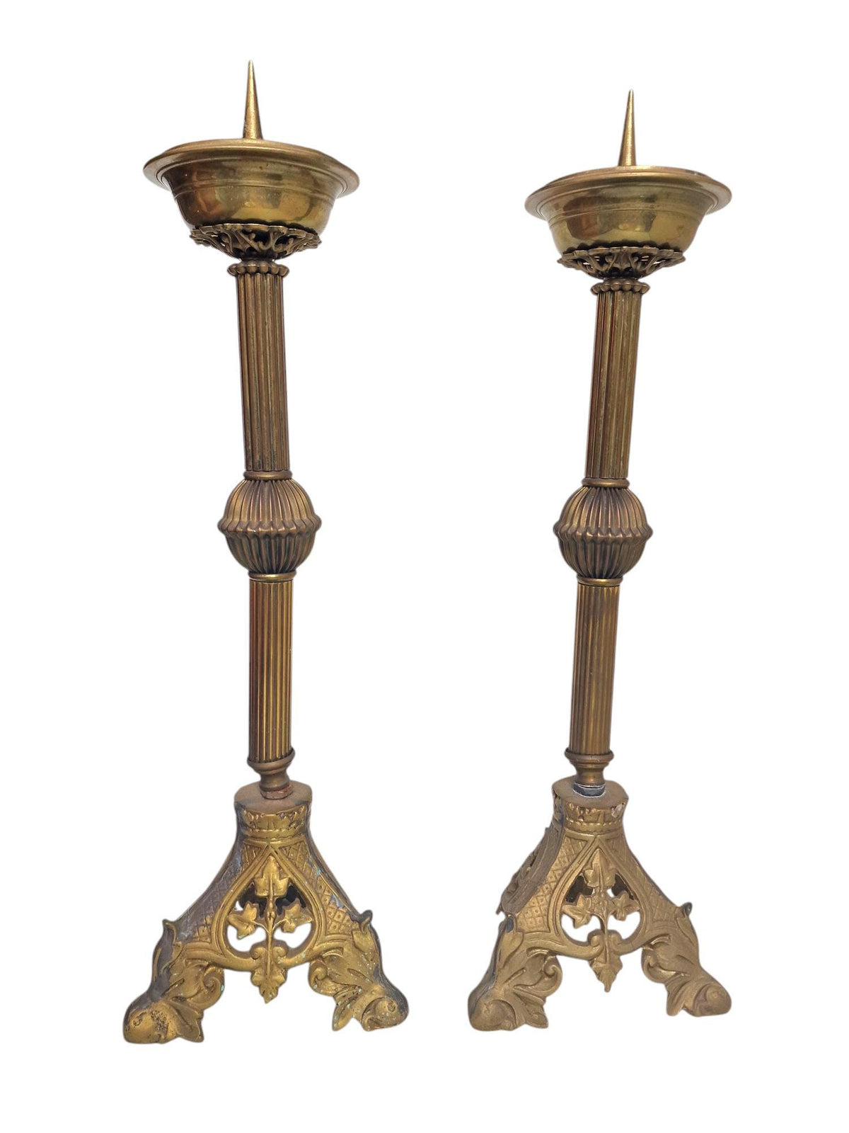 xl Pair of Antique Neogothic Altar Candlesticks, Late 19th Century Brass Church Candle Holders – Gothic Revival Design (53 cm)