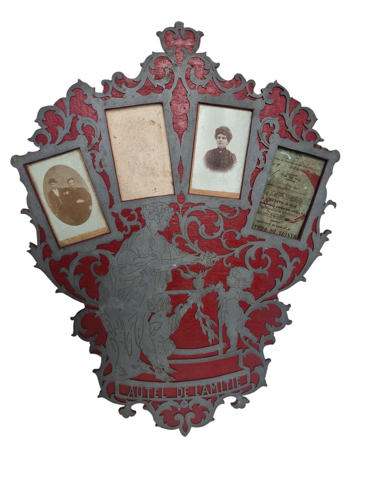 Victorian Photo Plaque, "Autel de l’Amitié", French Hand-Cut Wood, Cherub Decor