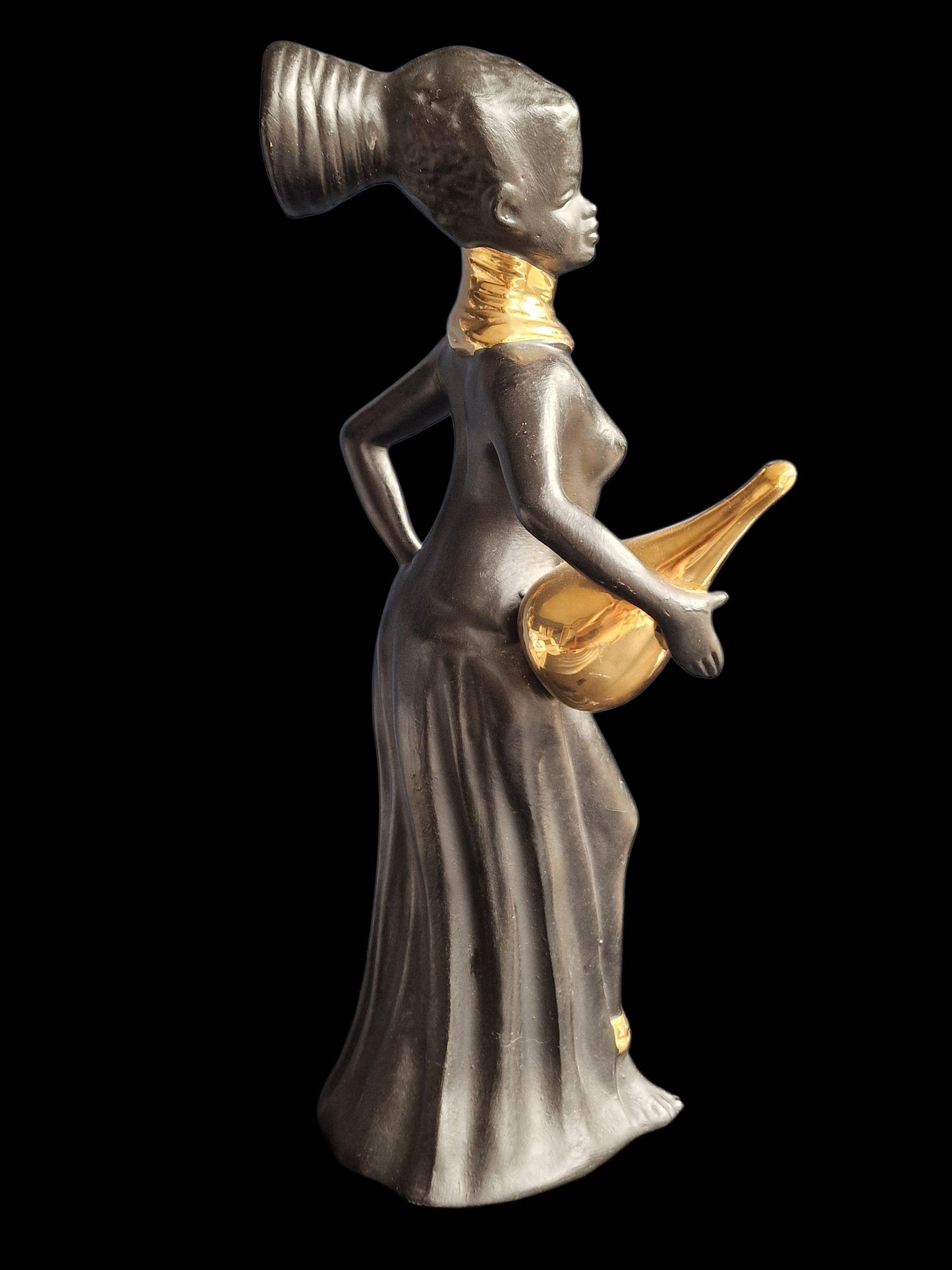 jema Hagenauer Wiener werkstatte black gold woman ca 30 cm ceramic midcentury lady girl