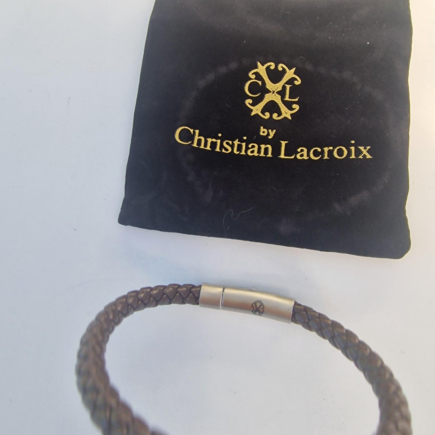 Christian Lacroix Brown Leather Steel Infinity Bracelet