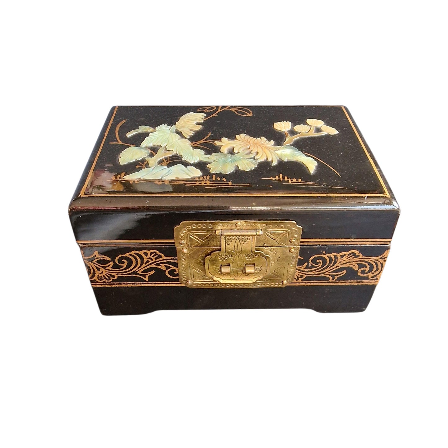 Vintage Chinese Lacquer Jewelry Box, Mother of Pearl Inlay, Wood Cabinet