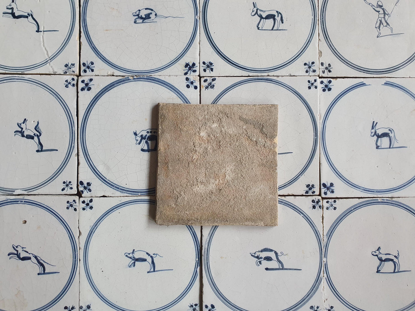 16 Antique Delft Tiles, 18th Century Animal Motifs, Dutch Wall Decor circle springer