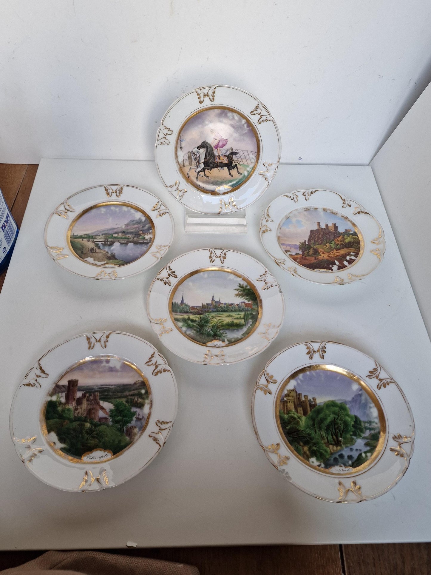 Antique Dresden Porcelain Plates, Rhine Castle Scene, Gilt Decor (Set of 6)