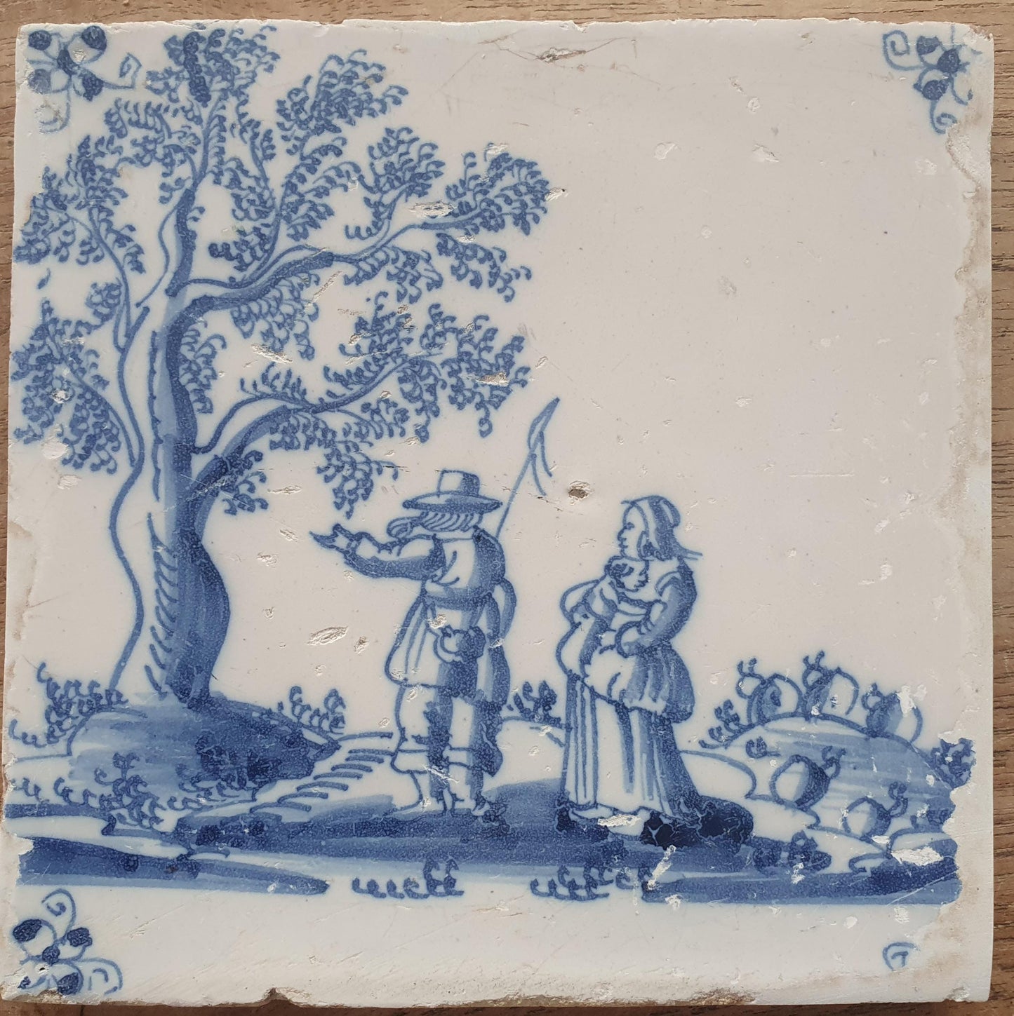 Antique Delft Tile: 17th Century Dutch Shepherds, Blue Majolica